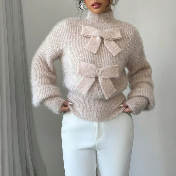 Apricot Casual Women's Stand Collar Bow Decor Sweater - Picture 1 of 7